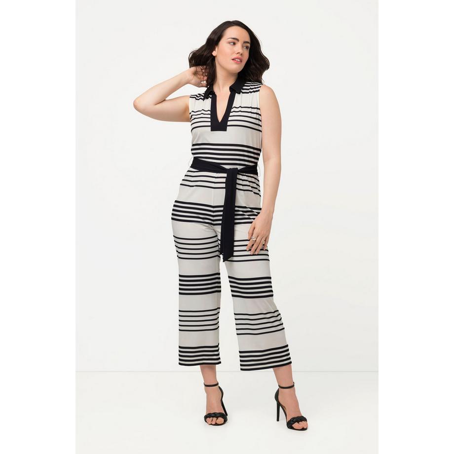 Ulla Popken Tuta a righe smanicata con gamba ampia e collo a camicia  