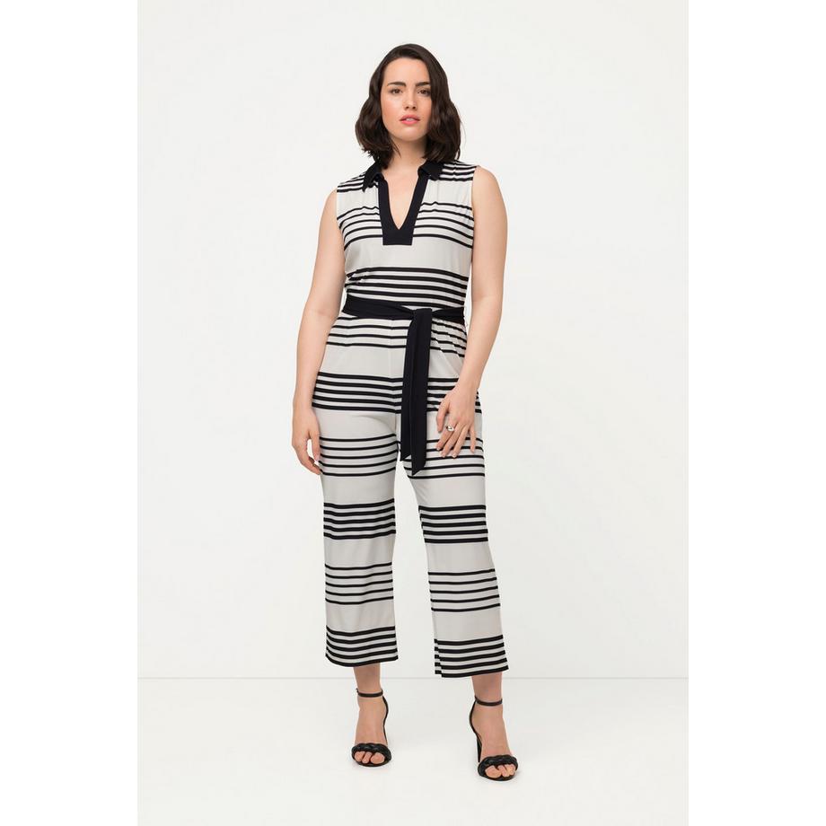 Ulla Popken Tuta a righe smanicata con gamba ampia e collo a camicia  