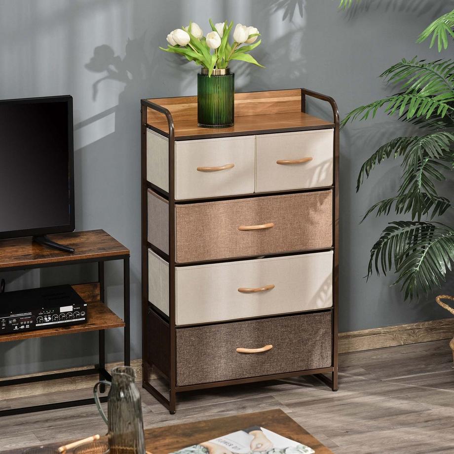 Northio Kommode, Sideboard mit 5 Faltbaren Stoff-Schubladen, Griff, Aufbewahrungsschrank mit Kippschutz für Wohnzimmer, Schlafzimmer, Braun  