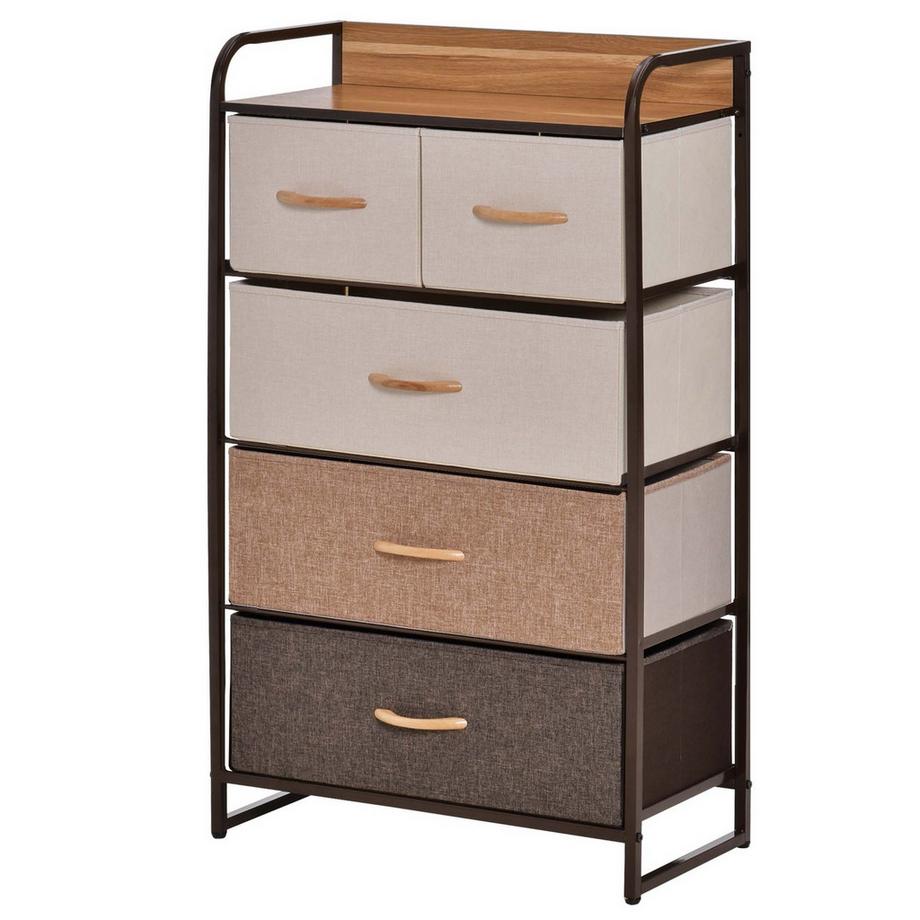 Kommode, Sideboard mit 5 Faltbaren Stoff-Schubladen, Griff, Aufbewahrungsschrank mit Kippschutz für Wohnzimmer, Schlafzimmer, Braun