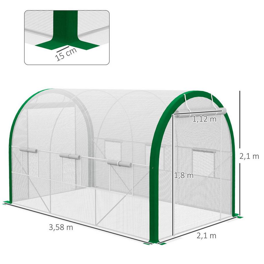 Northio Serra in pellicola 3,58 x 2,1 x 2,1 m serra a tunnel con porta a rulli per giardino e balcone, acciaio zincato, bianco  