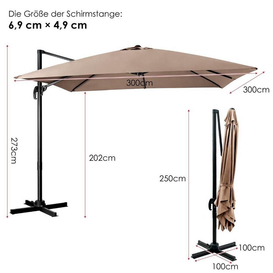 Northix Parasol avec 3 réglages d'inclinaison pour jardins, terrasses, 300 x 300 x 273 cm, marron café  