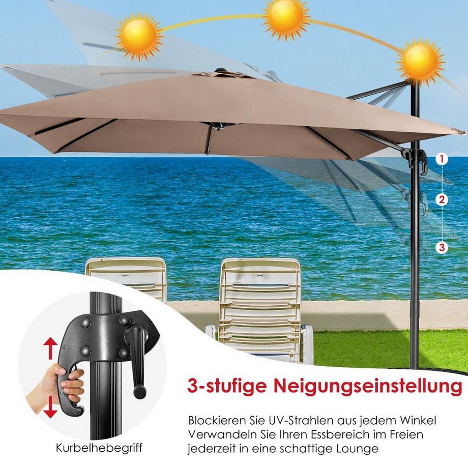 Northix Parasol avec 3 réglages d'inclinaison pour jardins, terrasses, 300 x 300 x 273 cm, marron café  
