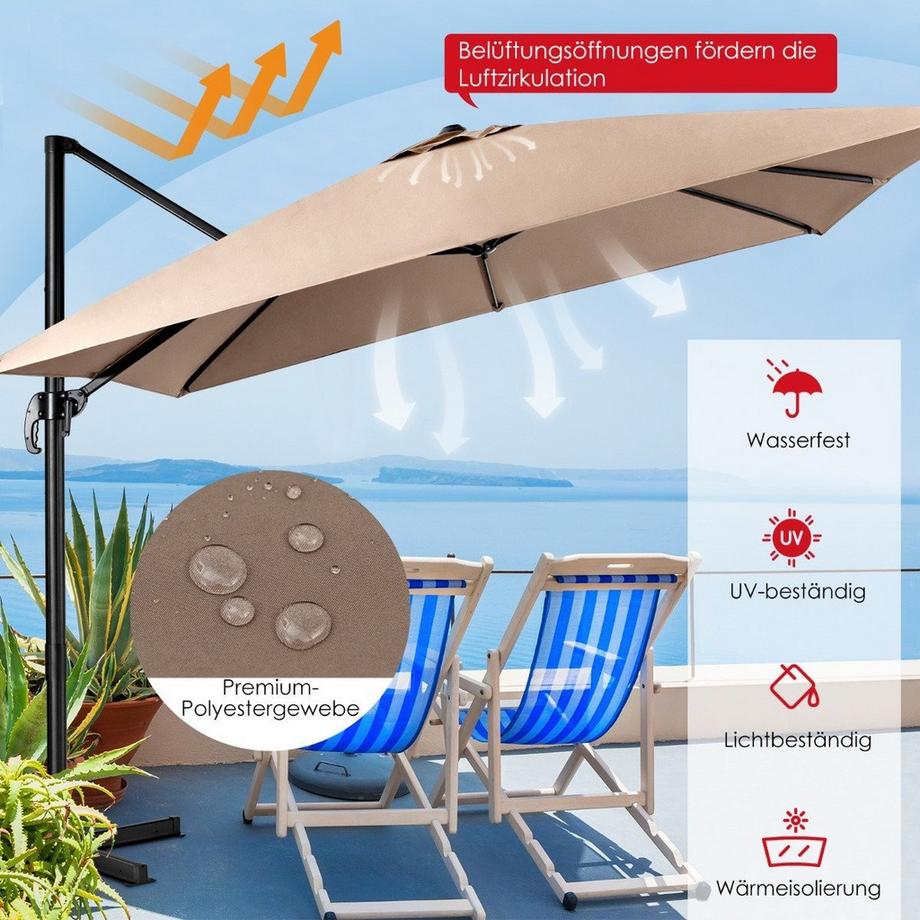 Parasol avec 3 réglages d'inclinaison pour jardins, terrasses, 300 x 300 x 273 cm, marron café