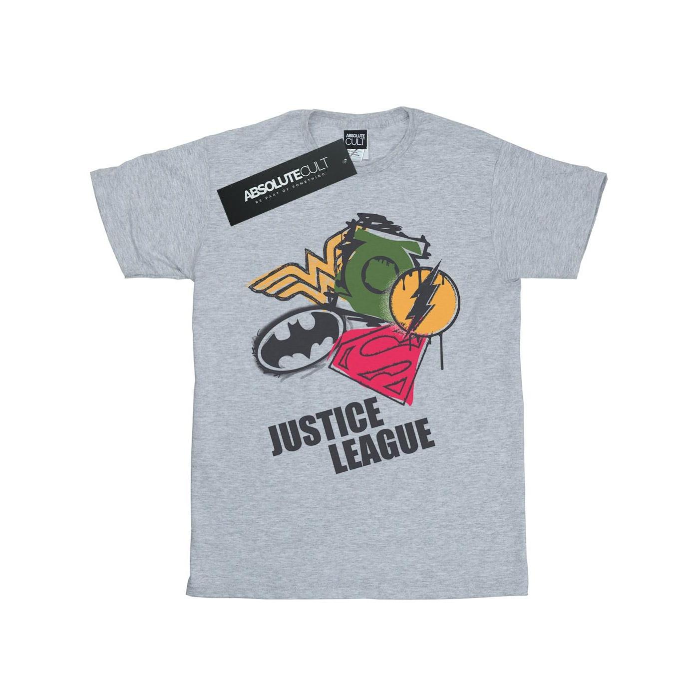 Image of Justice League Spray Logos Tshirt Damen Grau S