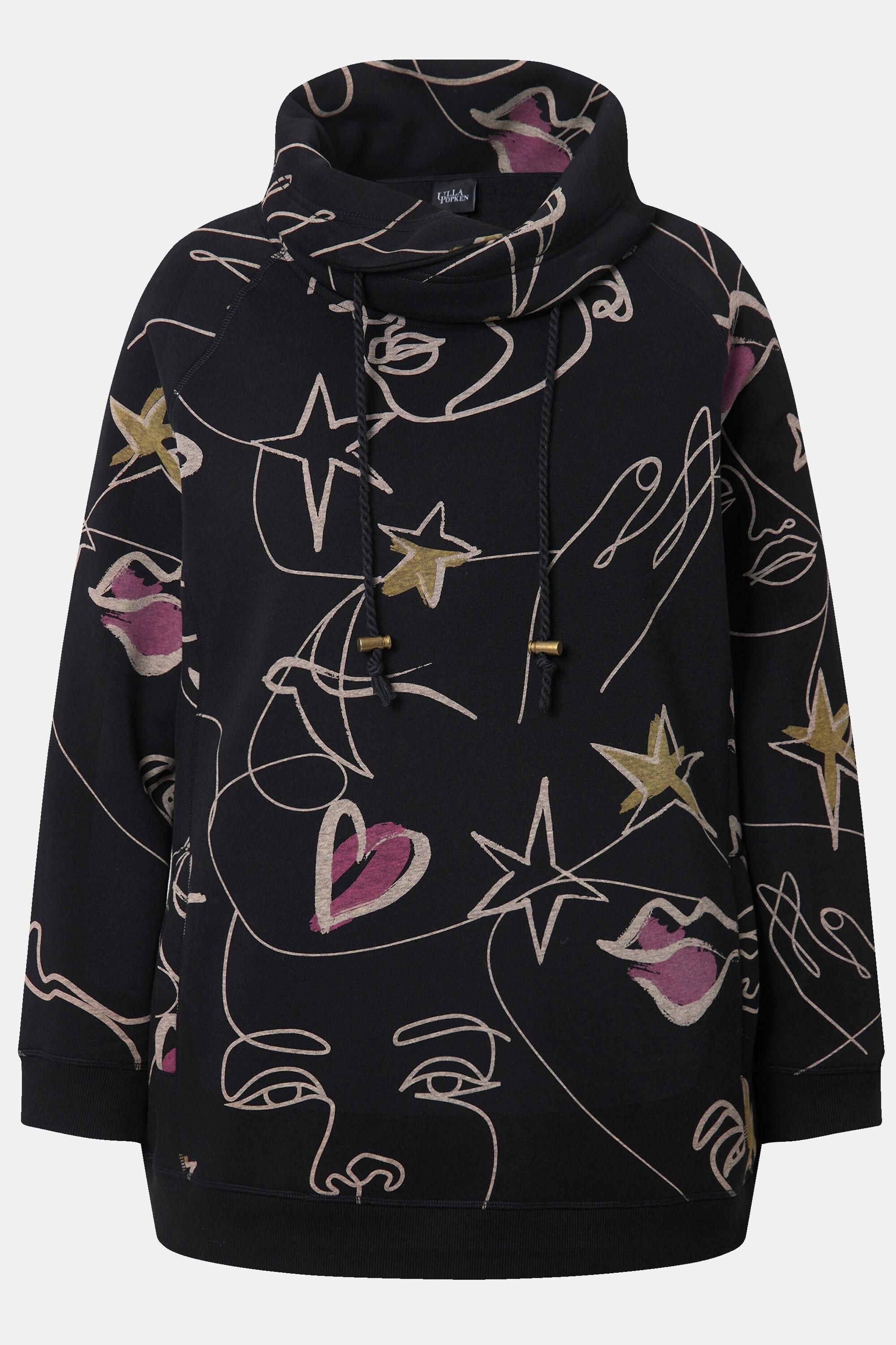 Ulla Popken  Sweatshirt, Scribble-Herz Muster, Stehkragen, Langarm 