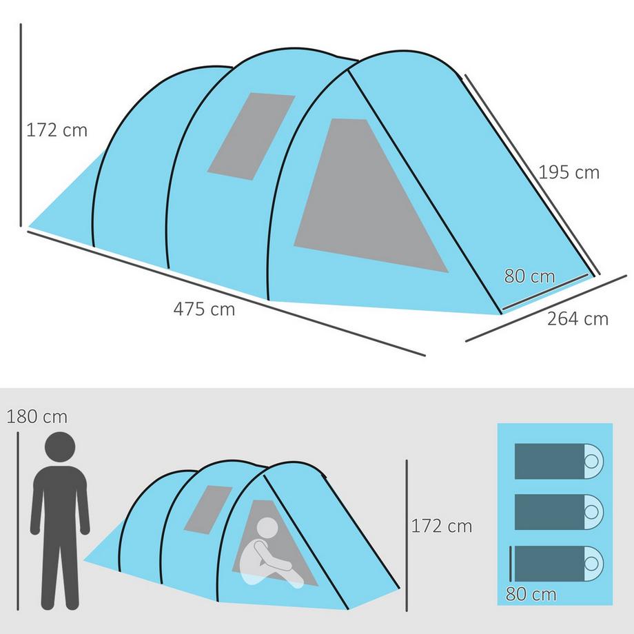 Northio  Tenda A Tunnel Tenda Da Campeggio Per 4 Persone Con 2 Camere, Protezione Uv, Finestra, Borsa Per Il Trasporto, Colonna D'Acqua 2000 Mm, Blu 