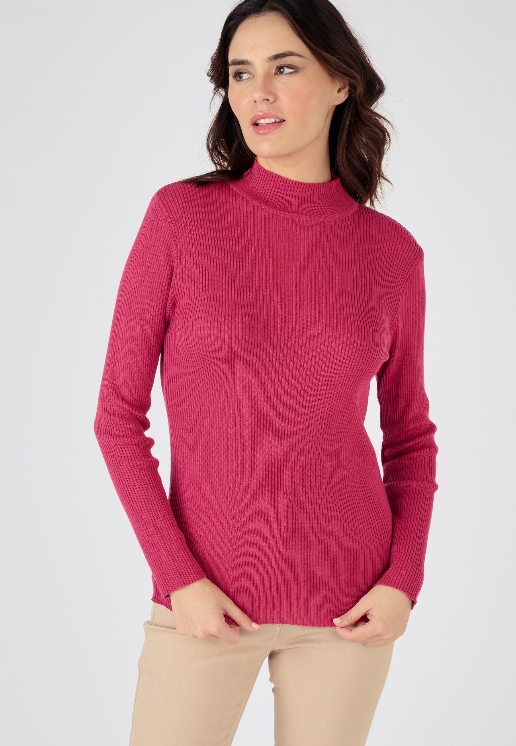 Image of Rippstrickpullover Stehkragen Uni Und Gestreift, 50 % Merino-wolle. Damen Rosa 54/56