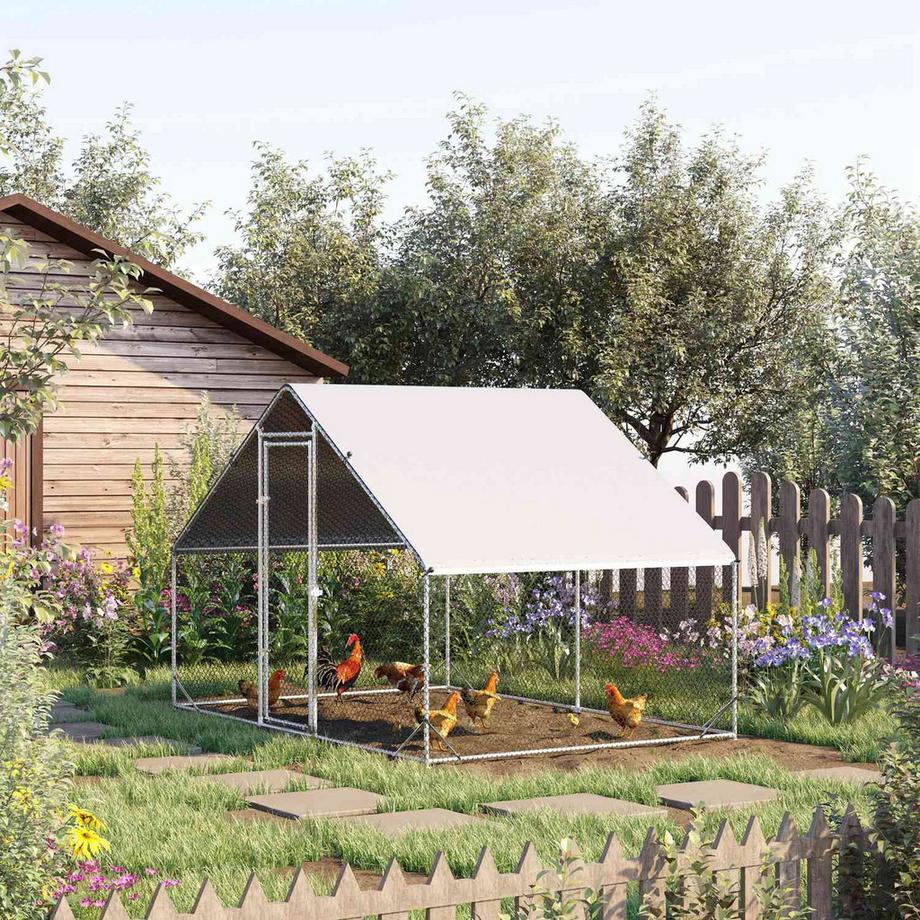 Northio  Hühnerstall Freilaufgehege aus Stahl, 300 x 200 x 200 cm Hühnerkäfig mit Abdeckung, Tür, Hühnergehege für 4-6 Hühner, Kleintiere, Silber 