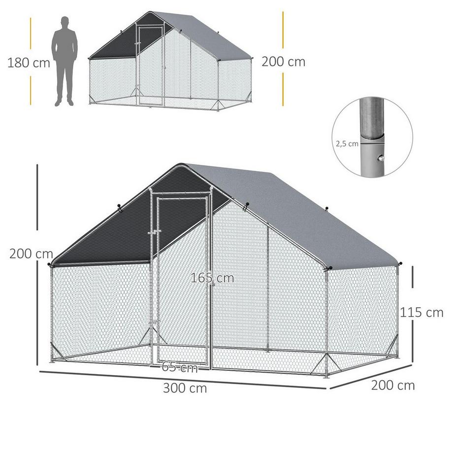 Northio  Hühnerstall Freilaufgehege aus Stahl, 300 x 200 x 200 cm Hühnerkäfig mit Abdeckung, Tür, Hühnergehege für 4-6 Hühner, Kleintiere, Silber 