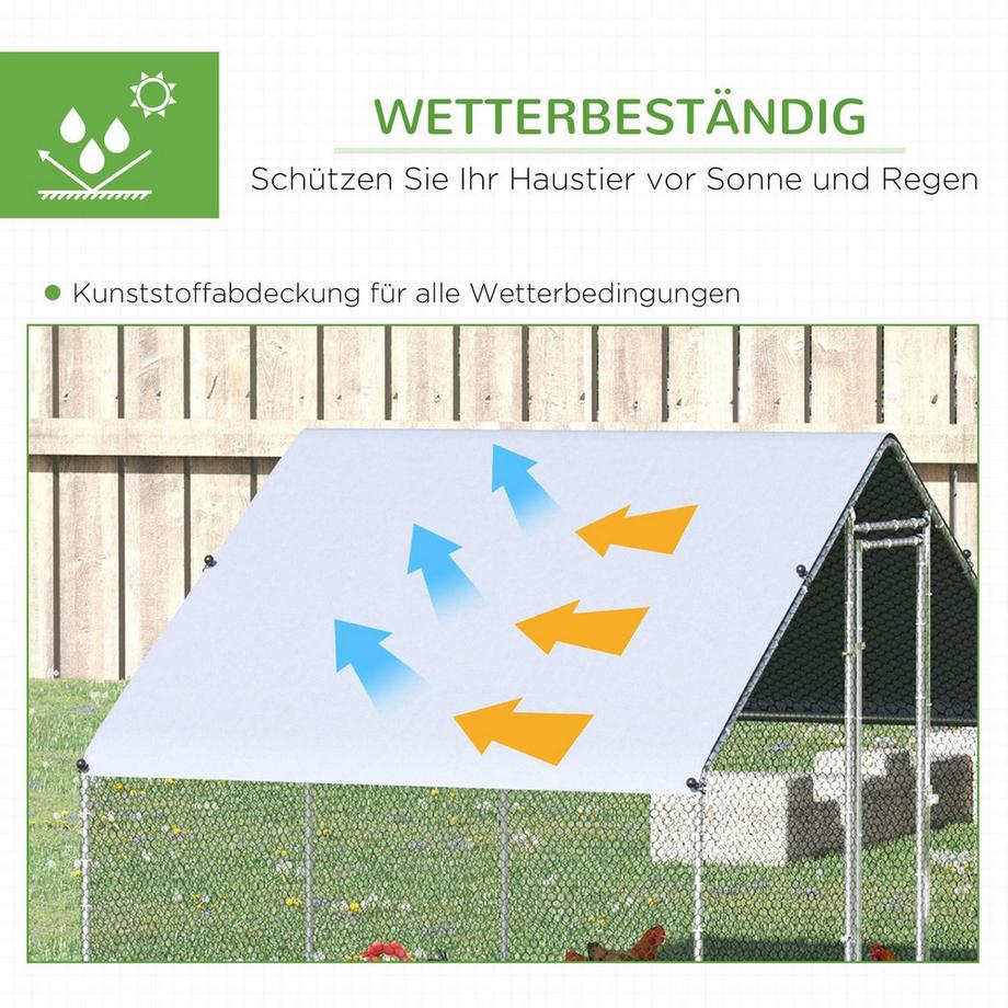 Northio  Hühnerstall Freilaufgehege aus Stahl, 300 x 200 x 200 cm Hühnerkäfig mit Abdeckung, Tür, Hühnergehege für 4-6 Hühner, Kleintiere, Silber 