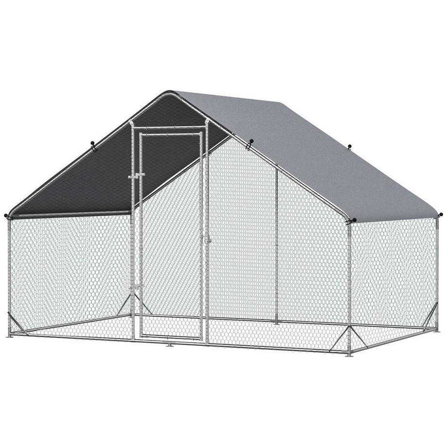Northio  Hühnerstall Freilaufgehege aus Stahl, 300 x 200 x 200 cm Hühnerkäfig mit Abdeckung, Tür, Hühnergehege für 4-6 Hühner, Kleintiere, Silber 