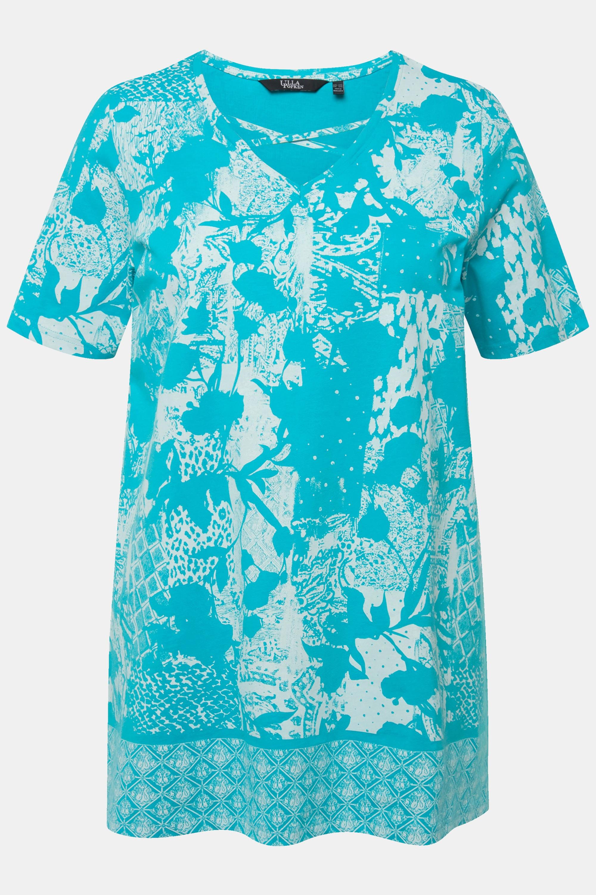 Ulla Popken  T-shirt con stampa patchwork, laccetti, scollo a V e mezze maniche 