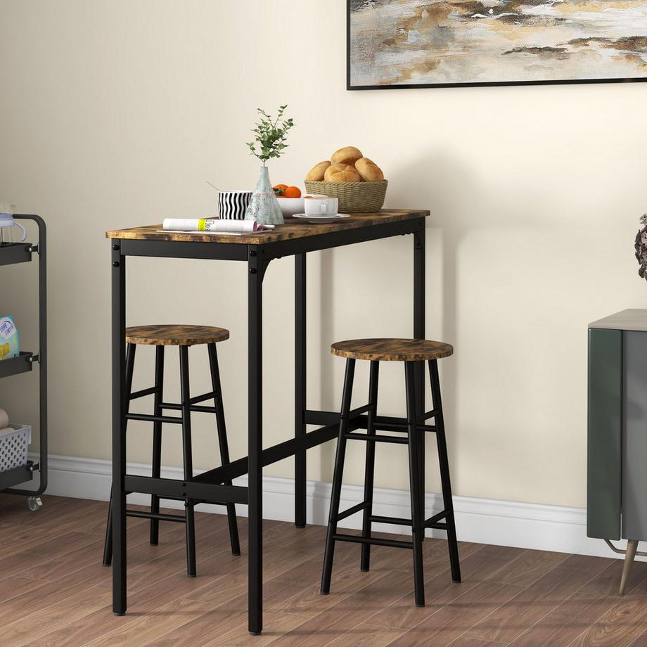 Northio  Bartisch-Set, 3tlg. Bartisch mit Barhocker Set, Essgruppe im Industriedesign, Küchentisch mit 2 Barhocker, für Esszimmer, Küche, Stahl, Rustikal-Braun 