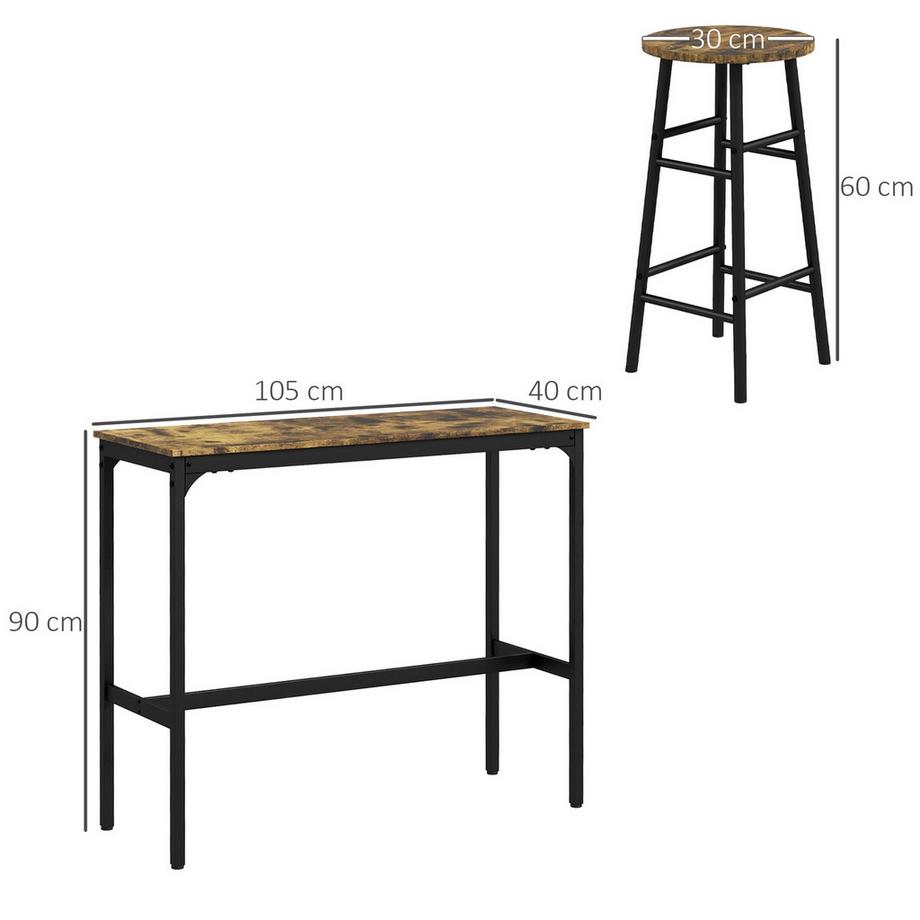 Northio  Bartisch-Set, 3tlg. Bartisch mit Barhocker Set, Essgruppe im Industriedesign, Küchentisch mit 2 Barhocker, für Esszimmer, Küche, Stahl, Rustikal-Braun 