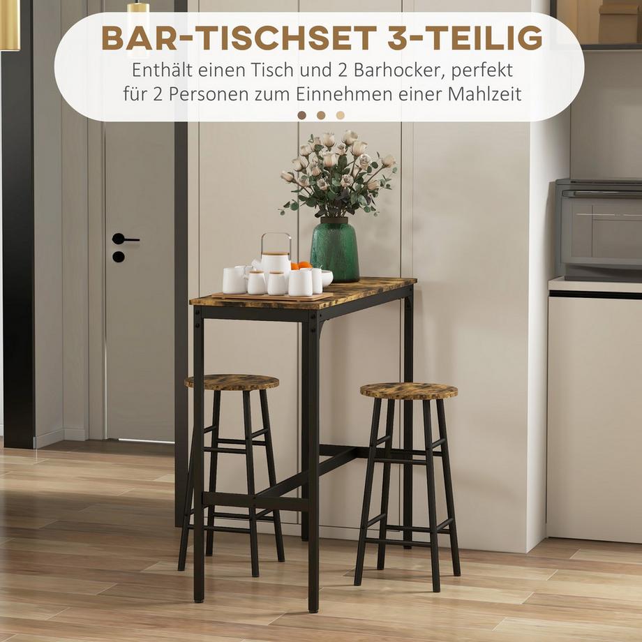 Northio  Bartisch-Set, 3tlg. Bartisch mit Barhocker Set, Essgruppe im Industriedesign, Küchentisch mit 2 Barhocker, für Esszimmer, Küche, Stahl, Rustikal-Braun 