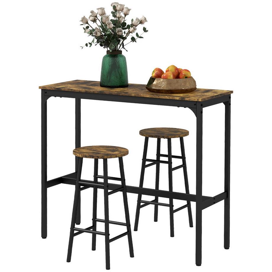 Northio  Bartisch-Set, 3tlg. Bartisch mit Barhocker Set, Essgruppe im Industriedesign, Küchentisch mit 2 Barhocker, für Esszimmer, Küche, Stahl, Rustikal-Braun 