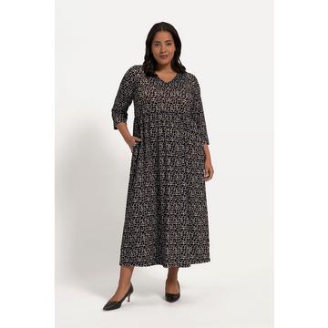 Robe en jersey, coupe évasée, imprimé entier, couture empire, poches, col V, manches 3/4