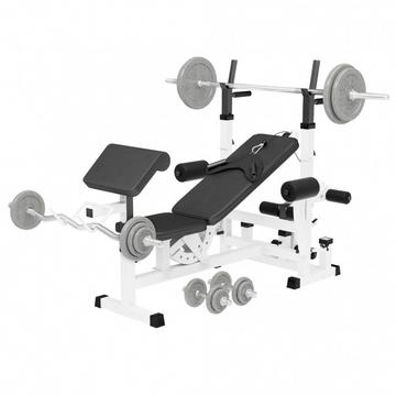 BANC DE MUSCULATION BLANC UNIVERSEL + SET D'HALTERES POIDS FONTE ET BARRES 105,5