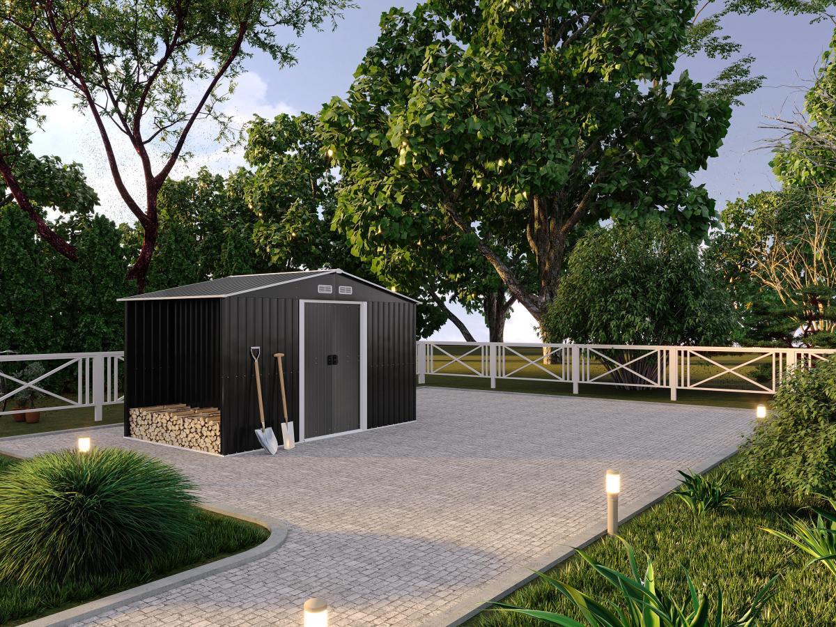 Vente-unique Abri de jardin métal avec abri bûche en acier galvanisé gris 6,7 m² LERY  