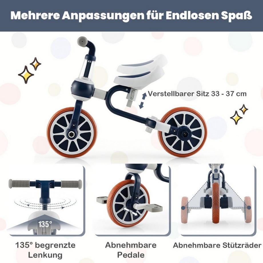 Northio  Kinderrad 4-in-1-Vorschulrad mit Eltern-Schiebegriff 37 x 72 x 101 cm Marine 