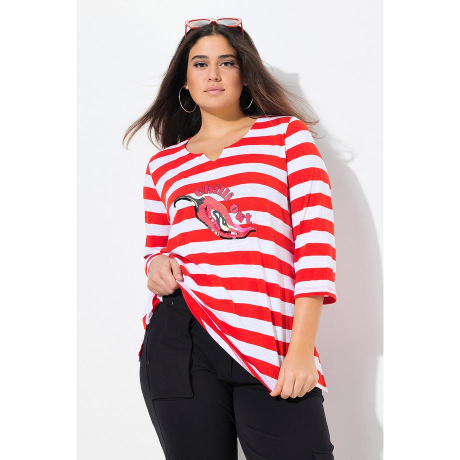 Ulla Popken Maglia a righe Classic Scollo a V Maniche 3/4 con peperoncino decorato  