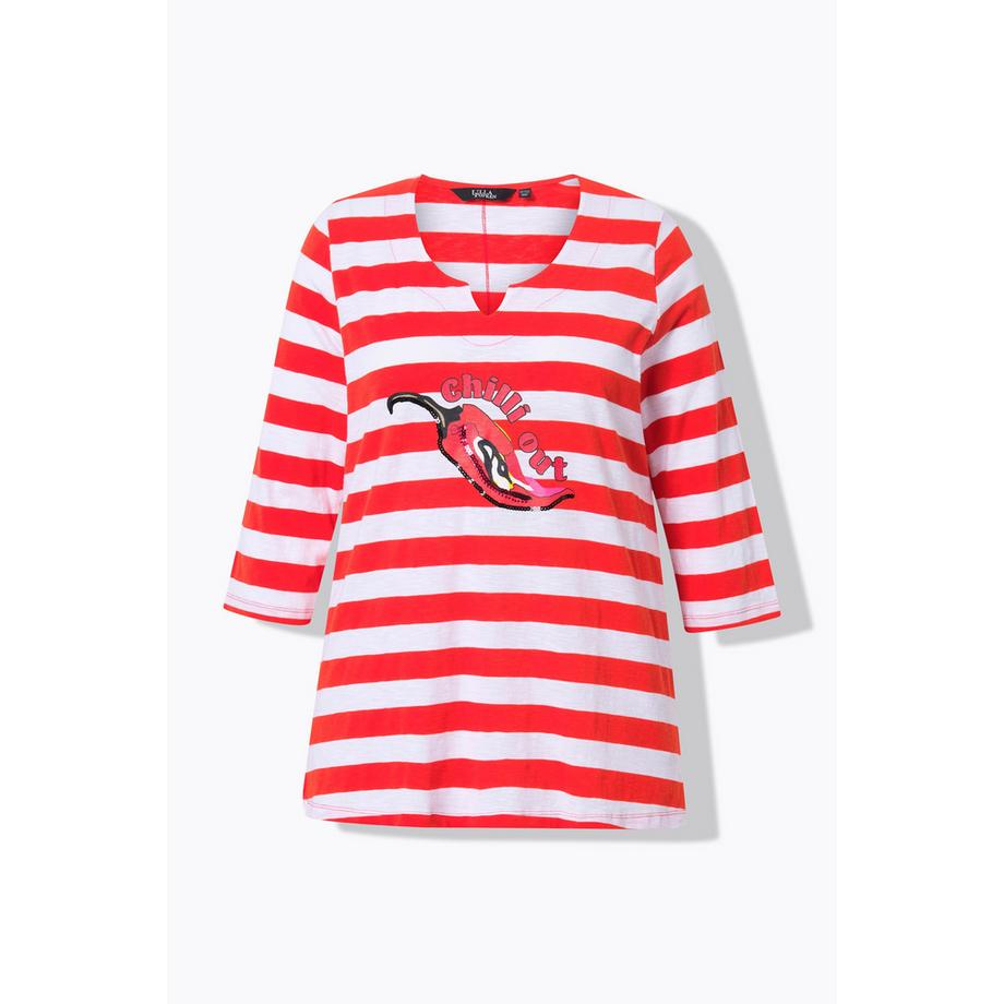 Ulla Popken Maglia a righe Classic Scollo a V Maniche 3/4 con peperoncino decorato  