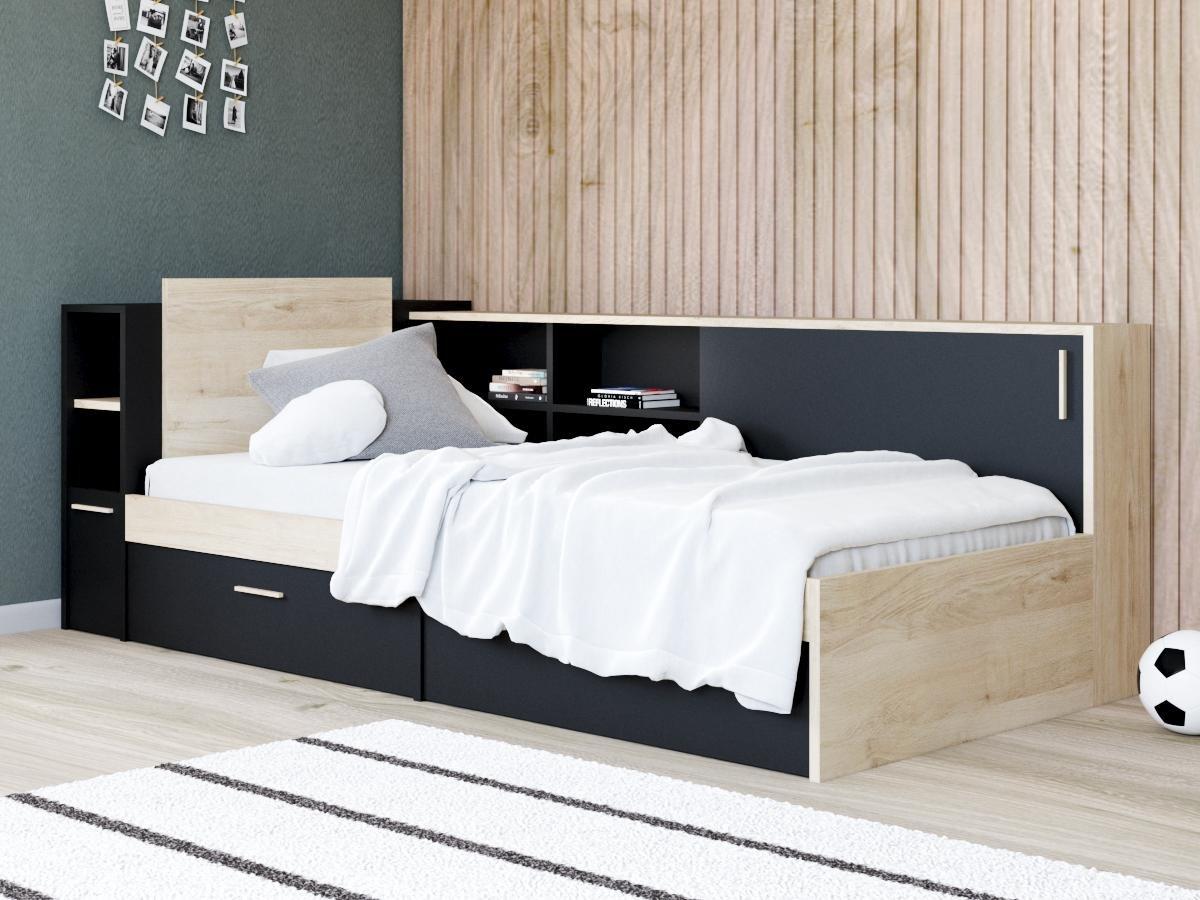 Vente-unique Letto Con vani portaoggetti 90 x 200 cm Nero e Naturale + Rete + Materasso - LIARA  