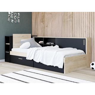 Vente-unique Letto Con vani portaoggetti 90 x 200 cm Nero e Naturale + Rete + Materasso - LIARA  