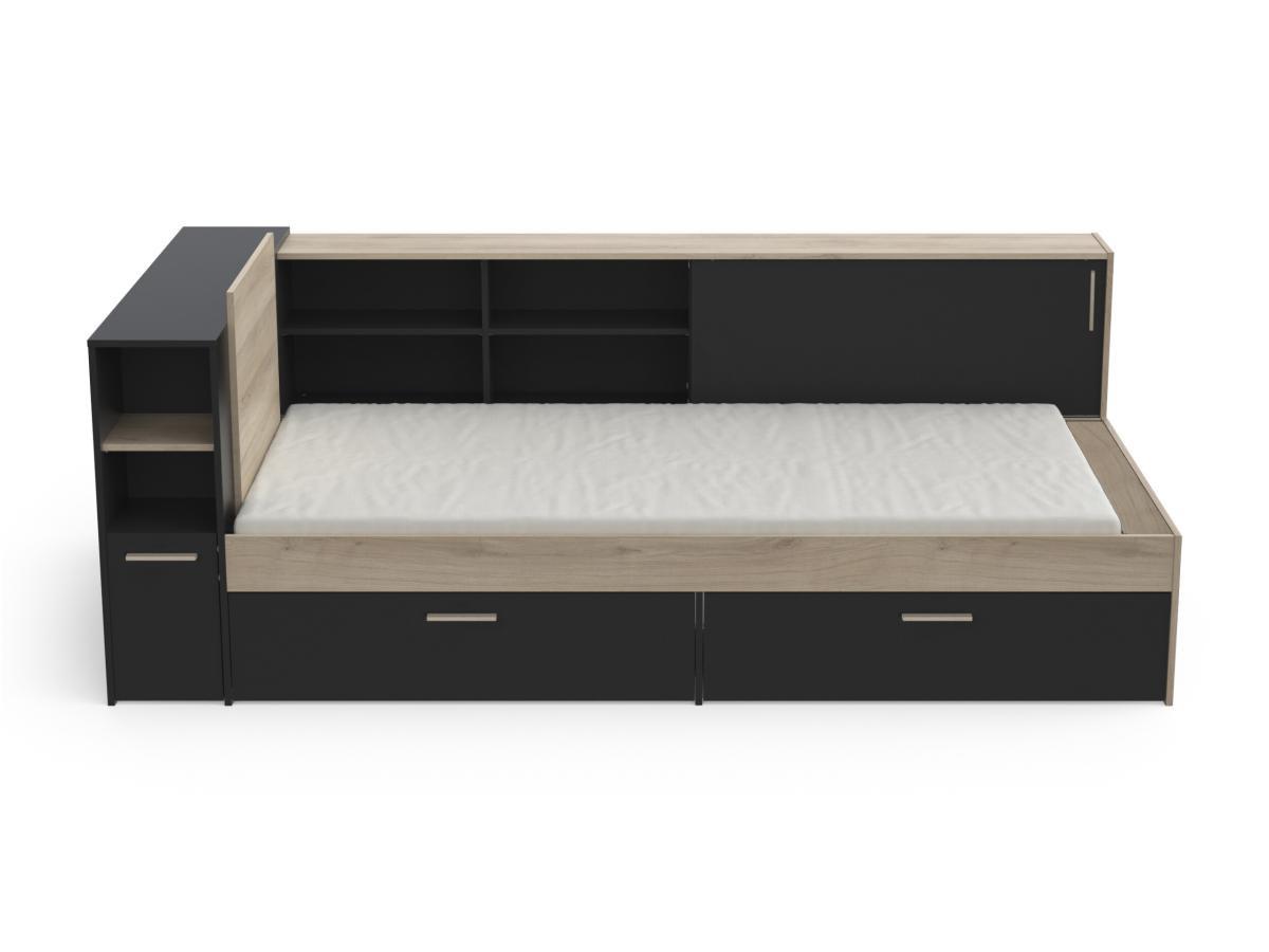 Vente-unique Letto Con vani portaoggetti 90 x 200 cm Nero e Naturale + Rete + Materasso - LIARA  