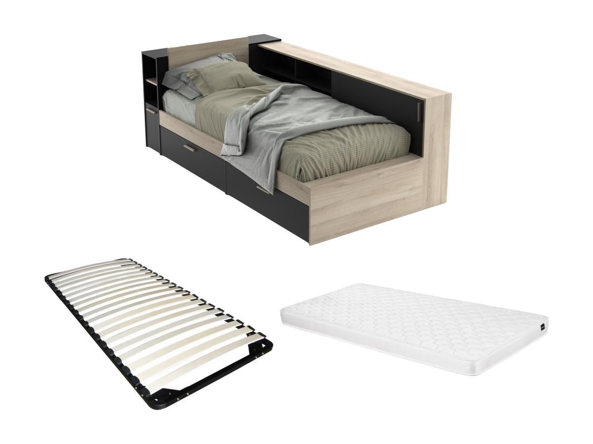 Image of Bett mit Stauraum + Lattenrost + Matratze - 90 x 200 cm - Schwarz & Holzfarben - LIARA Bett mit Stauraum + Lattenrost + Matratze - 90 x 200 cm - Schwarz & Holzfarben - LIARA