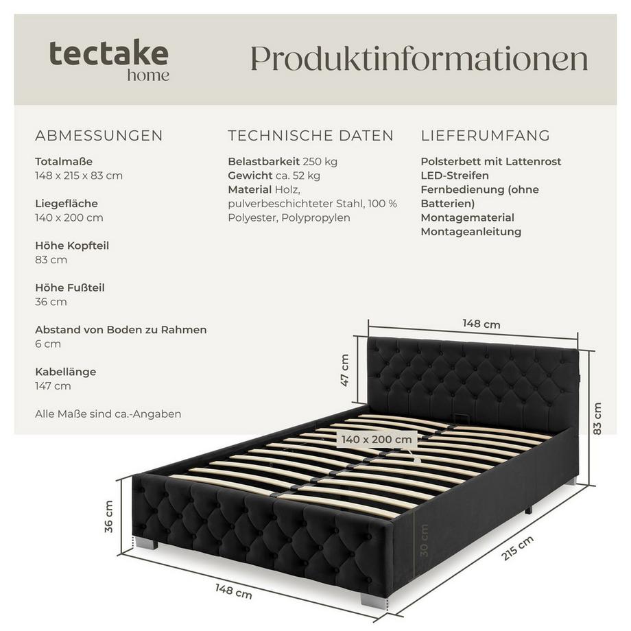 Tectake Lit rembourré VENISE en aspect velours avec motif matelassé  