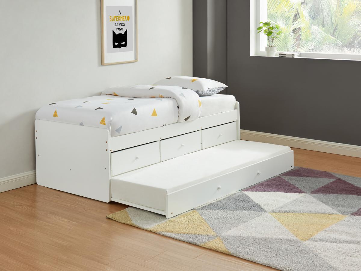 Vente-unique Letto singolo con letto estraibile e 3 cassetti  in MDF e Abete Bianco + Materasso TITOUAN  