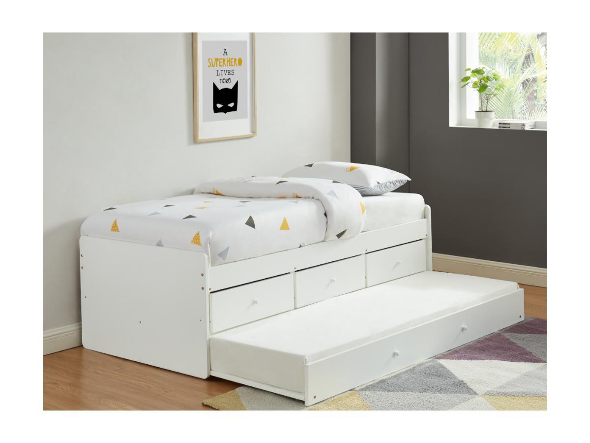 Vente-unique Letto singolo con letto estraibile e 3 cassetti  in MDF e Abete Bianco + Materasso TITOUAN  