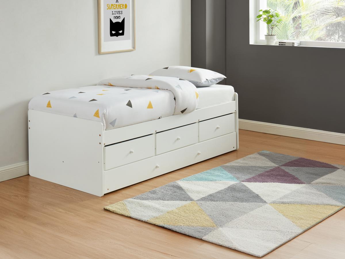 Vente-unique Letto singolo con letto estraibile e 3 cassetti  in MDF e Abete Bianco + Materasso TITOUAN  