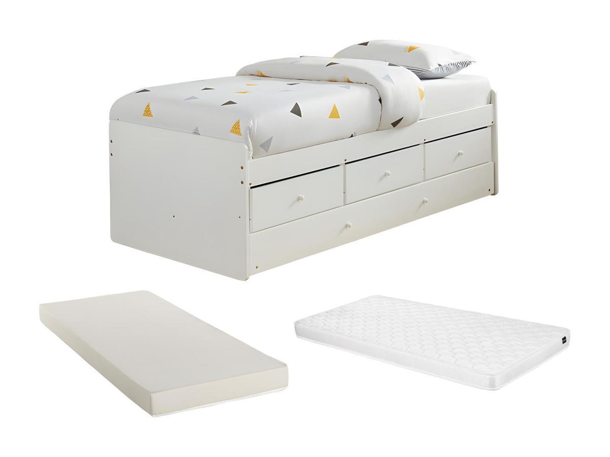 Vente-unique Letto singolo con letto estraibile e 3 cassetti  in MDF e Abete Bianco + Materasso TITOUAN  