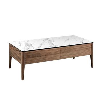 Table basse rectangulaire en porcelaine, marbre et noyer