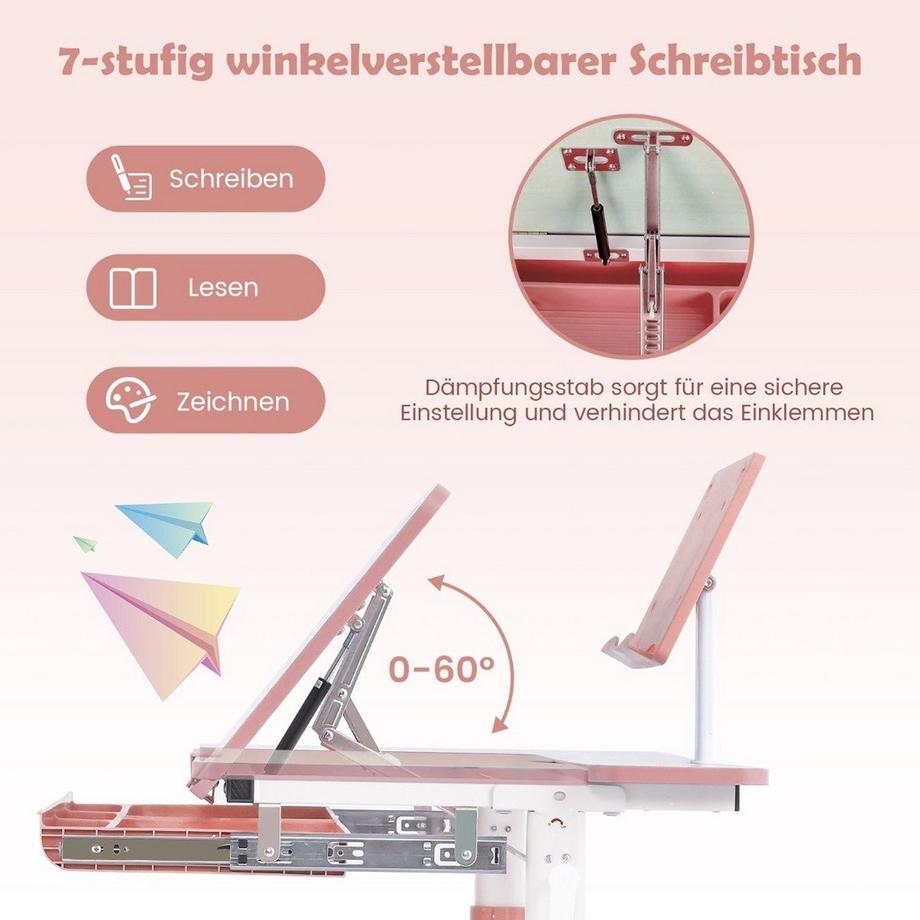 Northix Kinderschreibtisch 51-73cm Höhenverstellbar Schülerschreibtisch mit neigbarer Tischplatte (Rosa Tisch)  