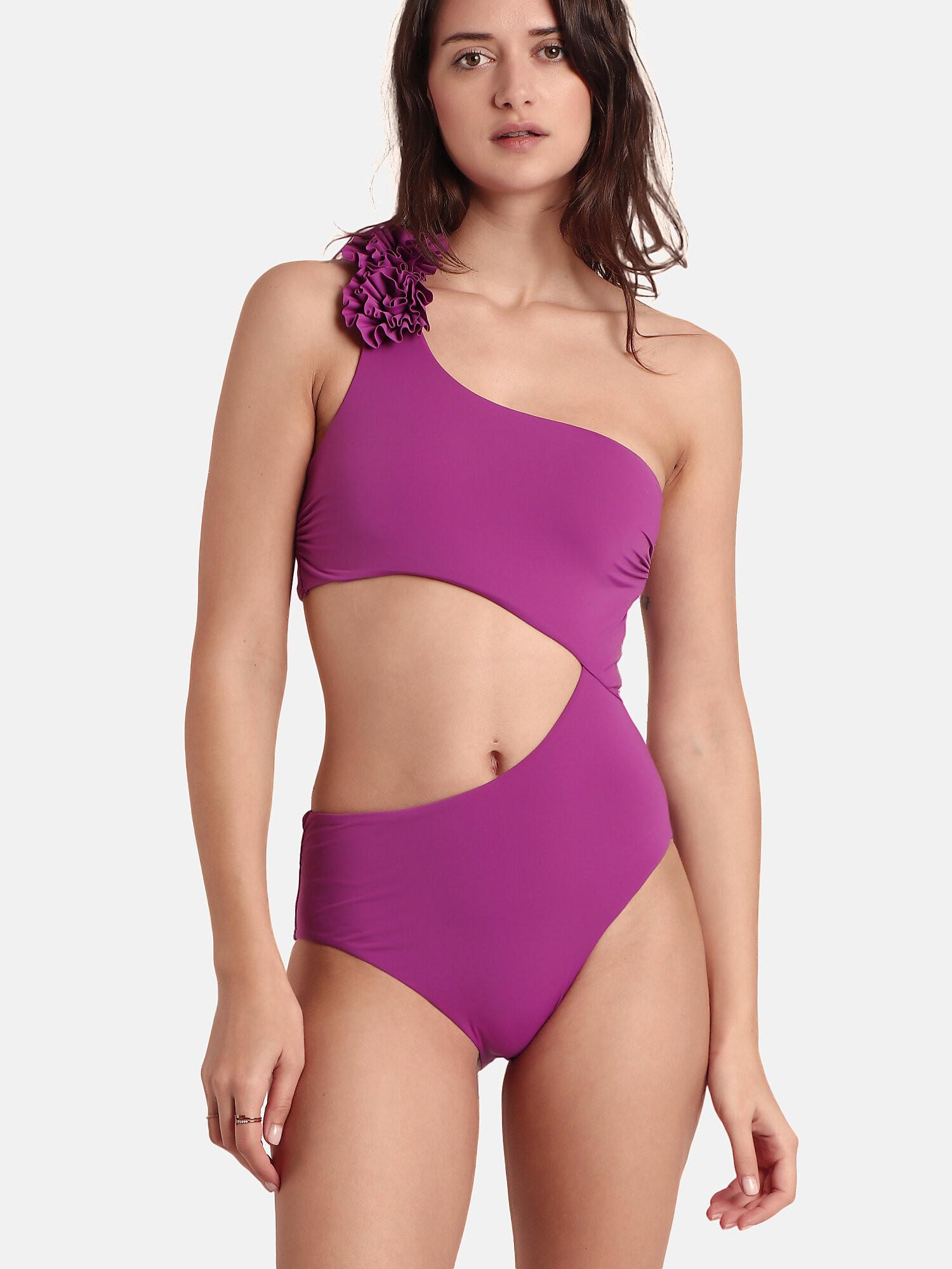 Image of Asymmetrischer Vorgeformter Einteiliger Badeanzug Beach Style Damen Fuchsia 36