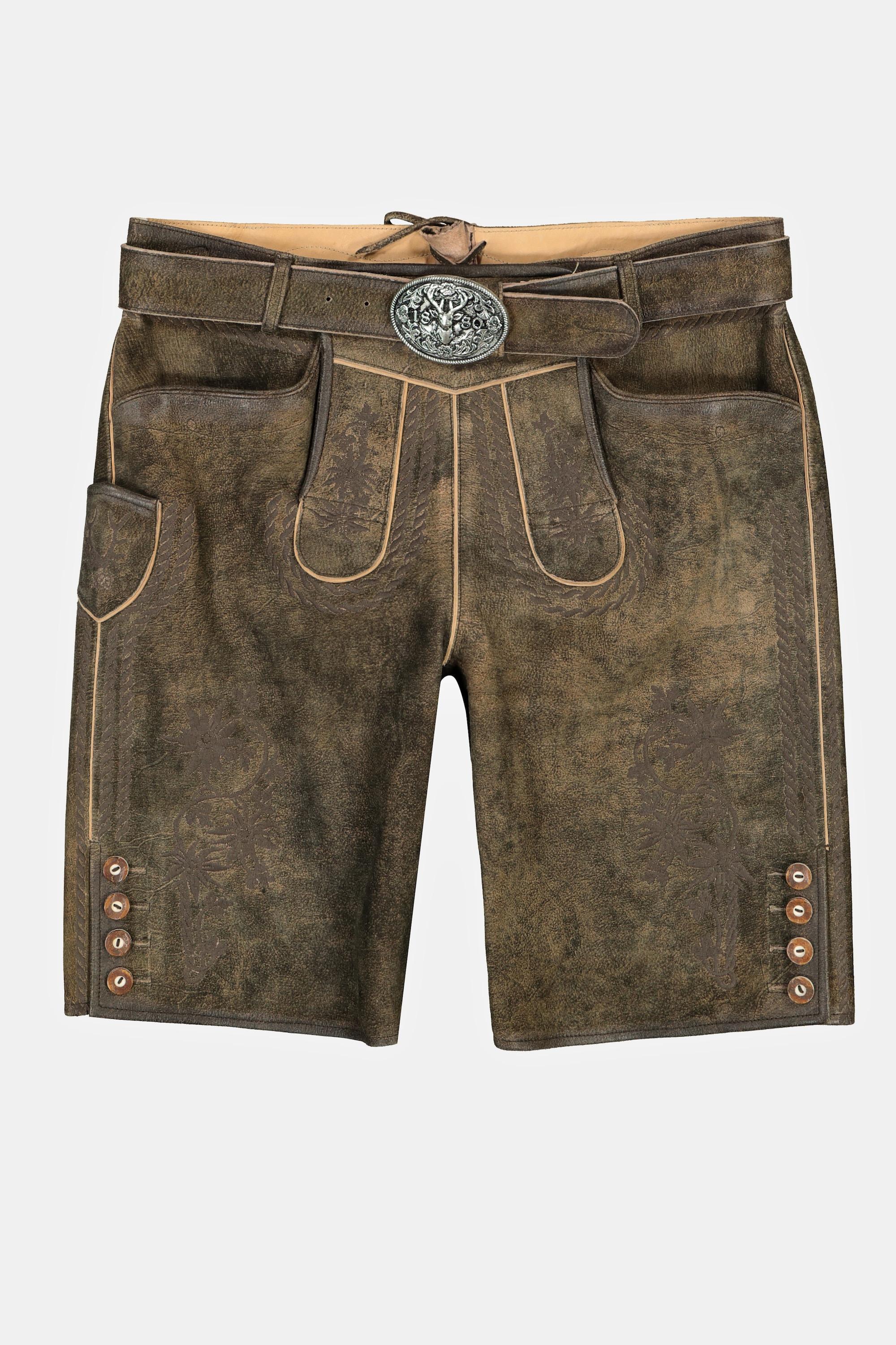 JP1880  Lederhosen in tradizionale stile Tracht in pelle di capra con ricami tradizionali e cintura di pelle in omaggio 