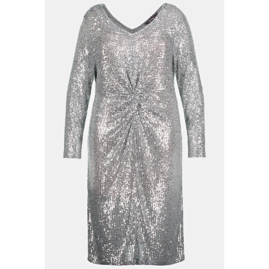 Ulla Popken Paillettenkleid drapierte Taille V-Ausschnitt Langarm  