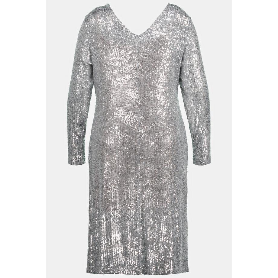 Ulla Popken Paillettenkleid drapierte Taille V-Ausschnitt Langarm  