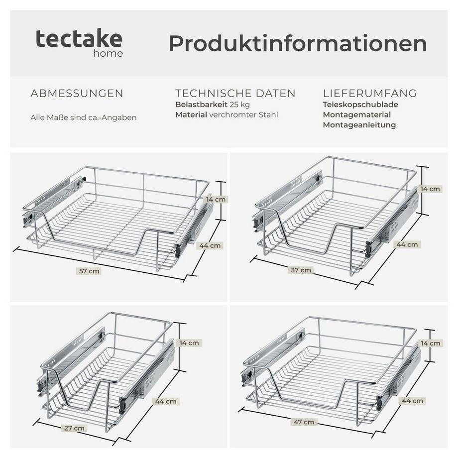Tectake Teleskopschublade  verchromt leichtgängig, mit Vollauszug  