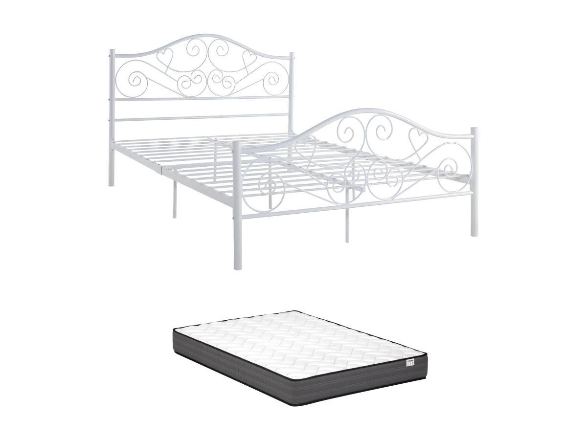 Image of Metallbett - 160 x 200 cm - Weiß + Matratze - LEYNA Metallbett - 160 x 200 cm - Weiß + Matratze - LEYNA
