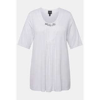 Ulla Popken  T-shirt dal taglio svasato con pieghe decorative, scollo a girocollo e mezze maniche 