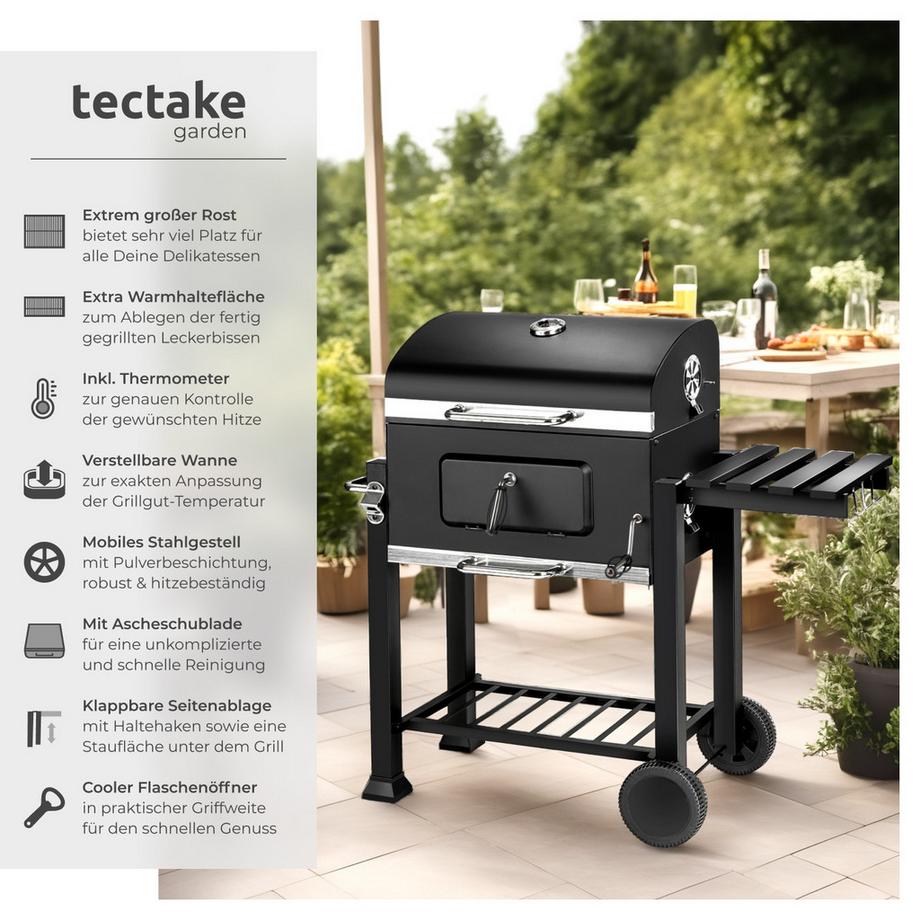 Tectake Holzkohlegrill Florian mit 2 Rädern regulierbare Luftzufuhr und Thermometer  