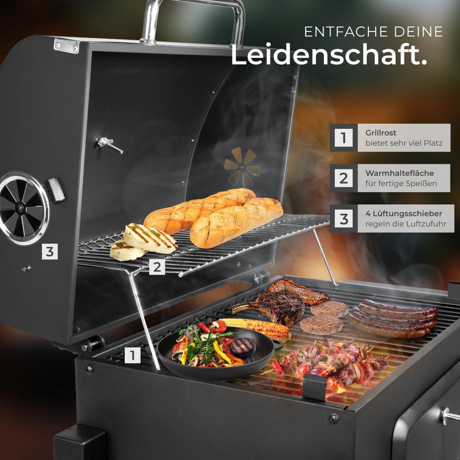 Tectake Holzkohlegrill Florian mit 2 Rädern regulierbare Luftzufuhr und Thermometer  
