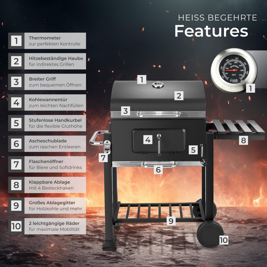 Tectake Holzkohlegrill Florian mit 2 Rädern regulierbare Luftzufuhr und Thermometer  