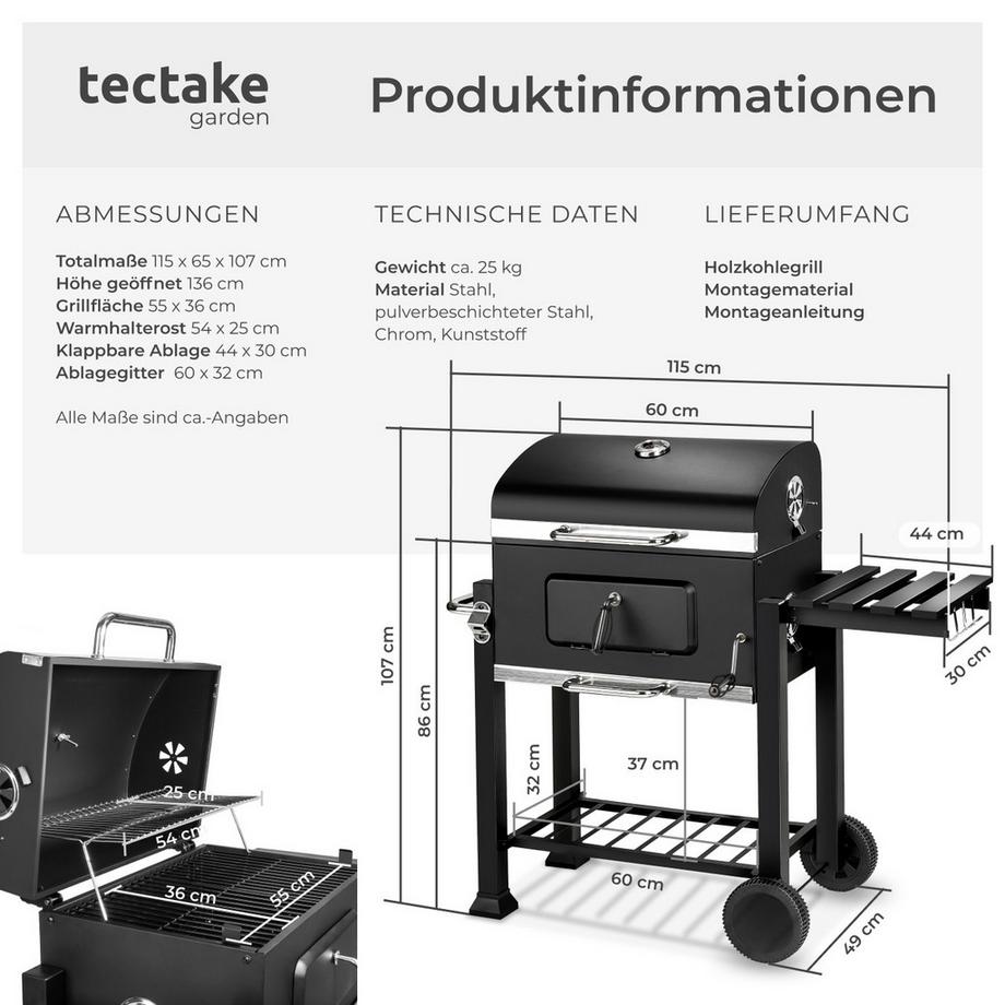 Tectake Holzkohlegrill Florian mit 2 Rädern regulierbare Luftzufuhr und Thermometer  