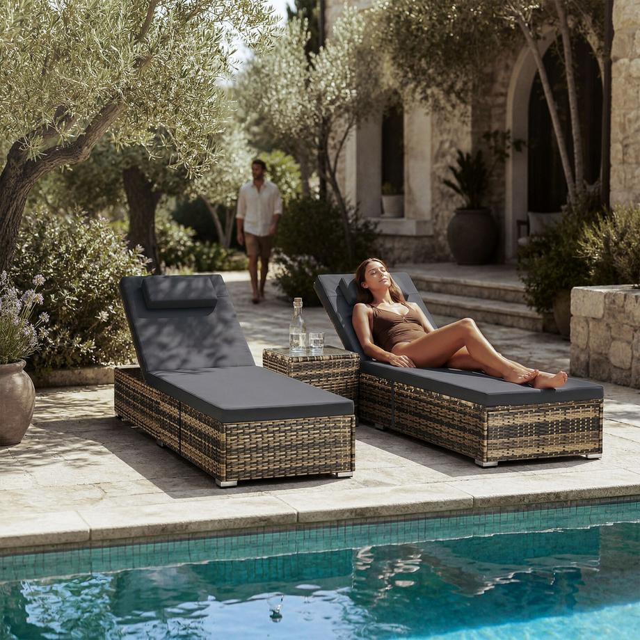 Tectake Lettino doppio in rattan Carbonera Lettino prendisole resistente alle intemperie e ai raggi UV  